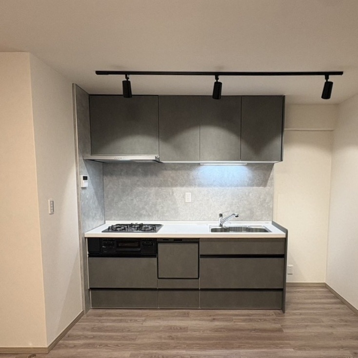 灰色住宅空间：厨房、水区与室内材料搭配：灰色贯穿厨房与起居区 2